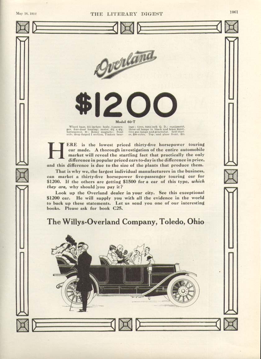 Image for Model 60-T Overland $1200 Willys-Overland ad 1912