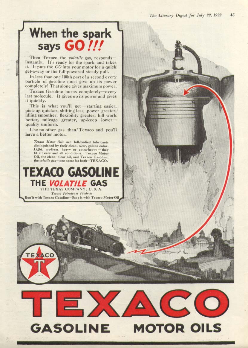 Image for Texaco Gasoline Motor Oils Spark Says Go! ad 1922