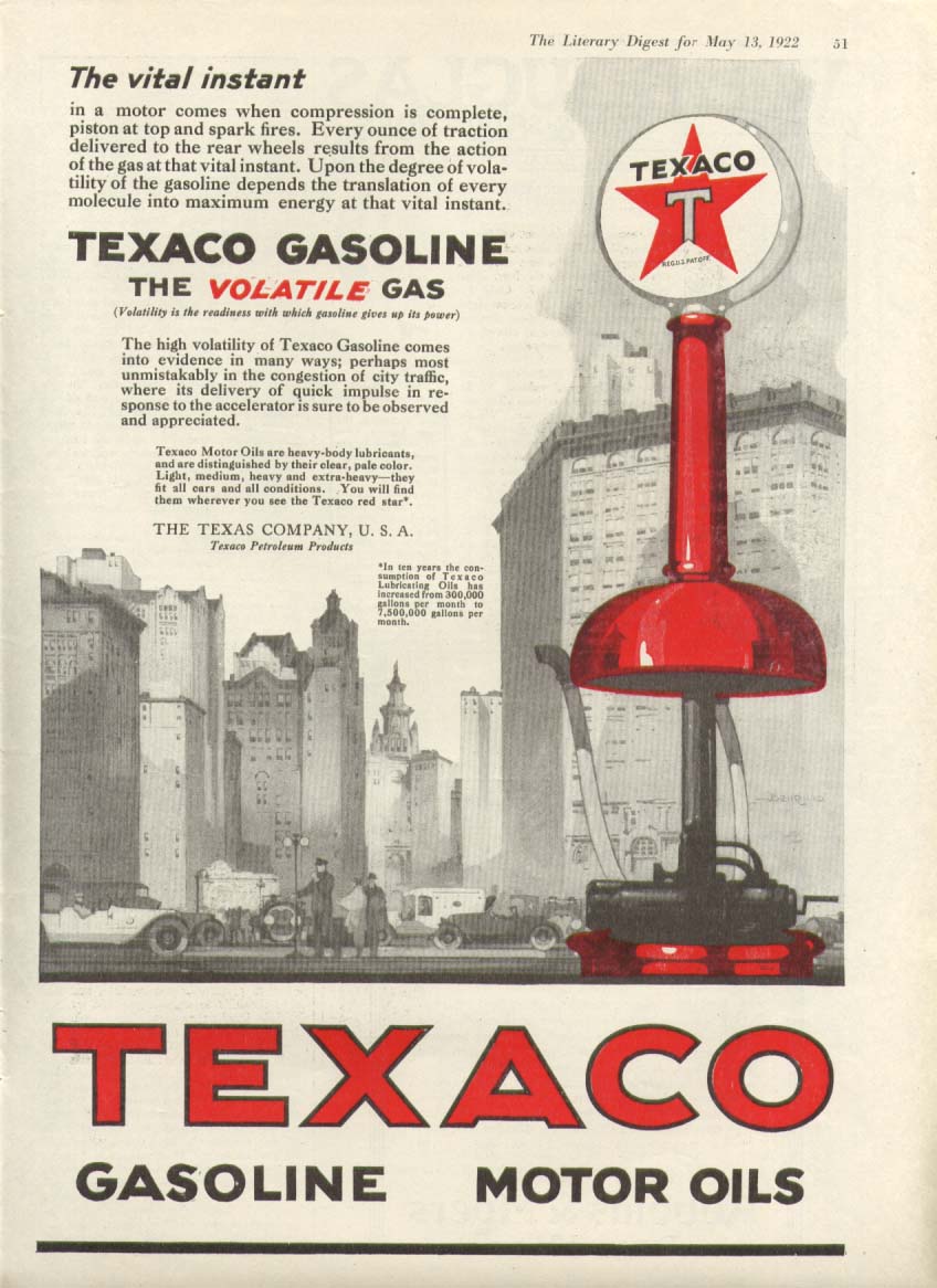 Image for Texaco Gasoline Motor Oils vital instant ad 1922