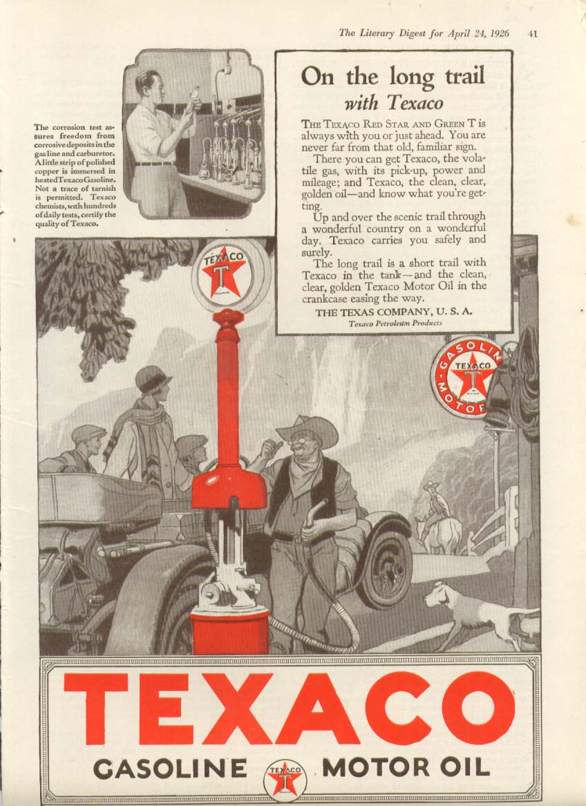 Image for Texaco Gasoline Motor Oil On the long trail ad 1926