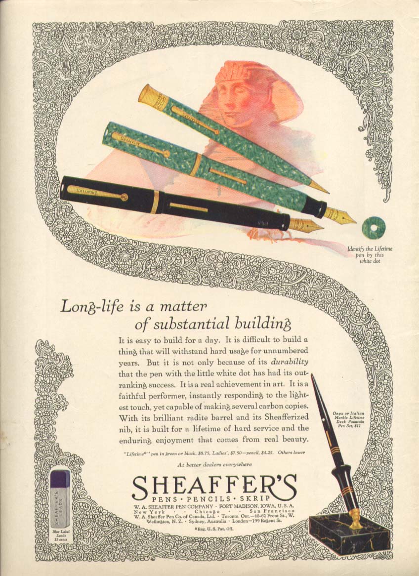 Image for Long-life substantial bulding Sheaffer's pen ad 1928