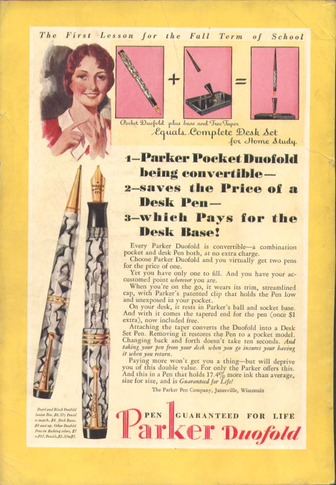 Image for 1st lesson fall term Parker Pocket Duofold pen ad 1930