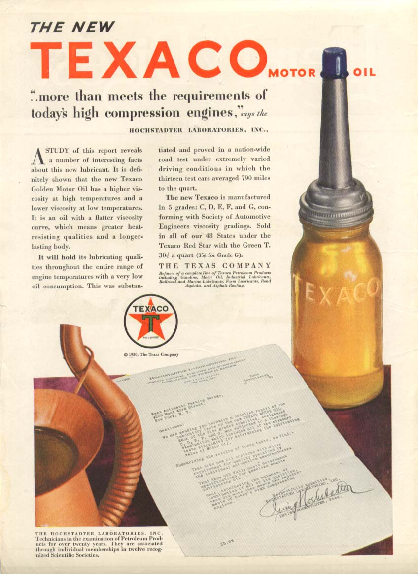 Image for Texaco Motor Oil more than meets requirements ad 1930