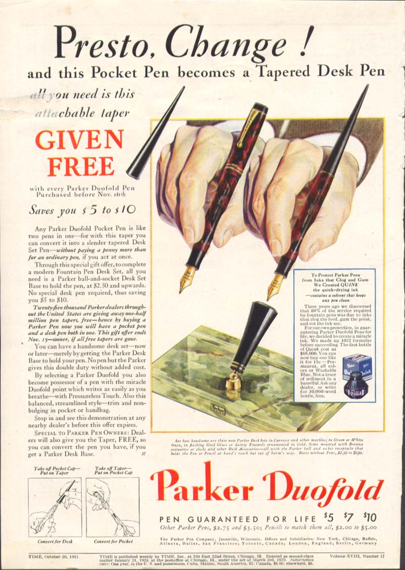 Image for Presto, Change! Parker Duofold pen ad 1931