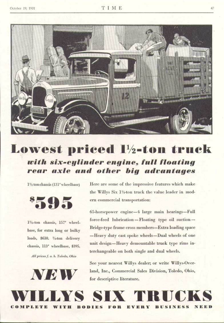 Image for Willys Six 1 1/2 ton chassis stake truck ad 1931