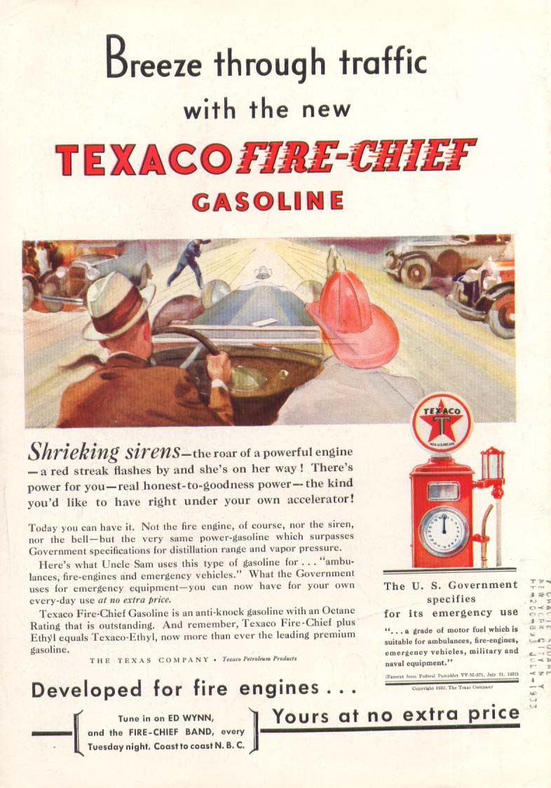 Image for Texaco Fire-Chief Gas Breeze through traffic ad 1932