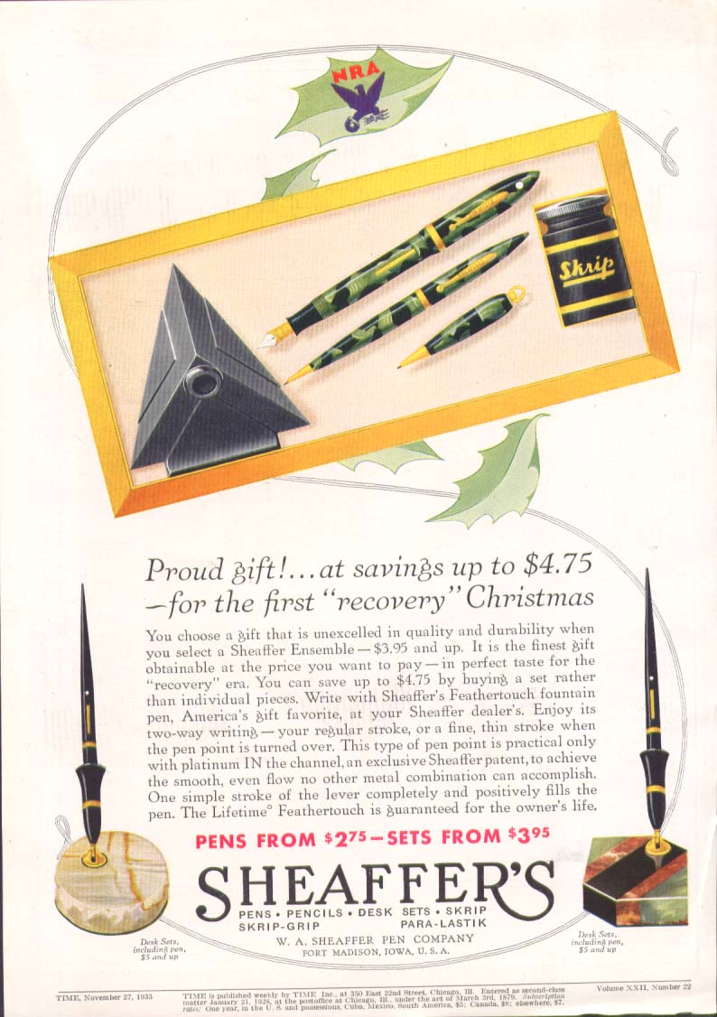 Image for Proud gift savings $4.75 Sheaffer's pen set ad 1933