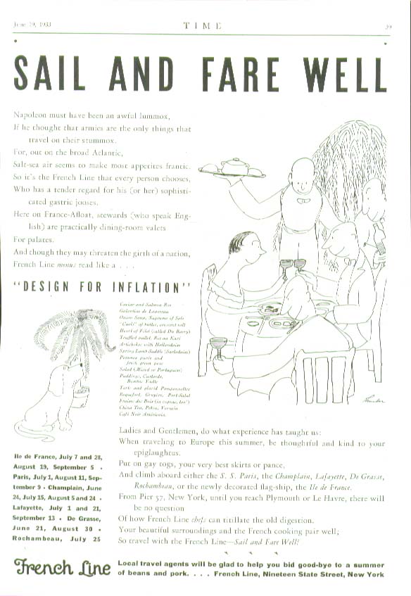 Image for James Thurber Sail & Fare Well Design for Inflation French Line ad 1933