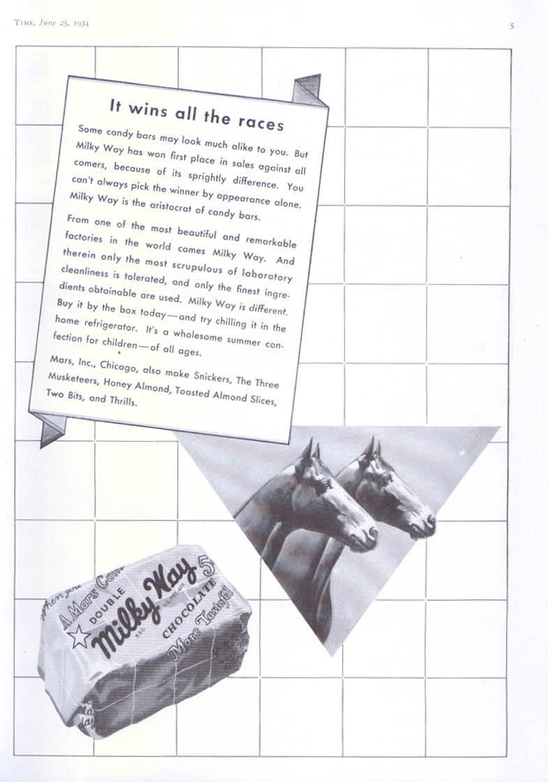 Image for It wins all the races Milky Way candy bar ad 1934