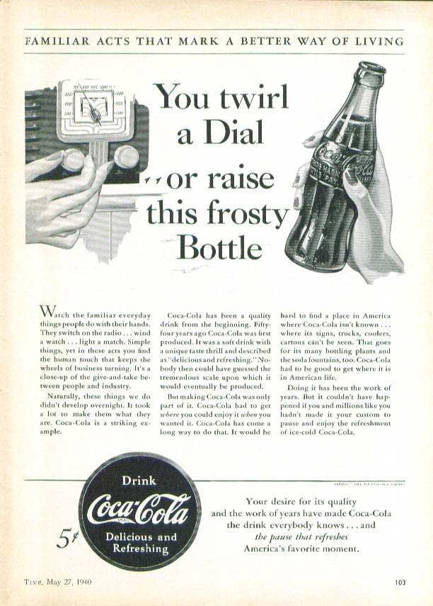 Image for You twirl Dial or raise frosty bottle Coca-Cola ad 1940