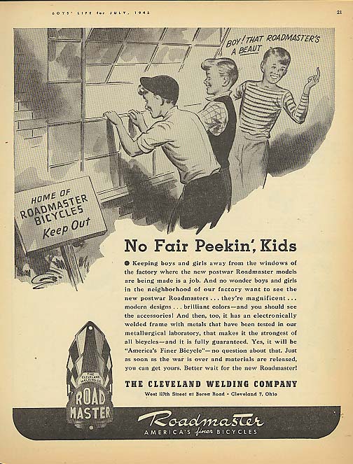 Image for No Fair Peekin' Kids Roadmaster bicycle ad 1945