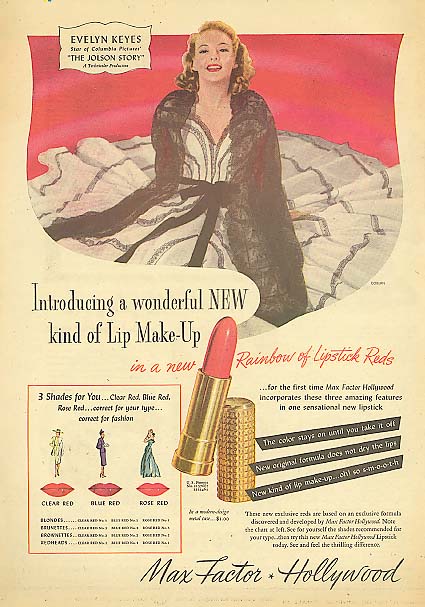 Image for Evelyn Keyes for Max Factor Hollywood Lipstick ad 1946 American Weekly