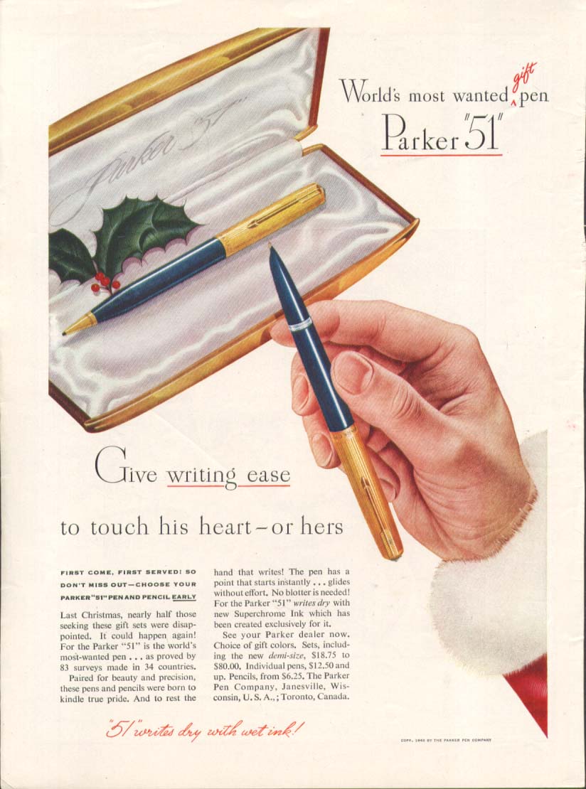 Image for Give writing ease Parker 51 pen ad Santa's hand