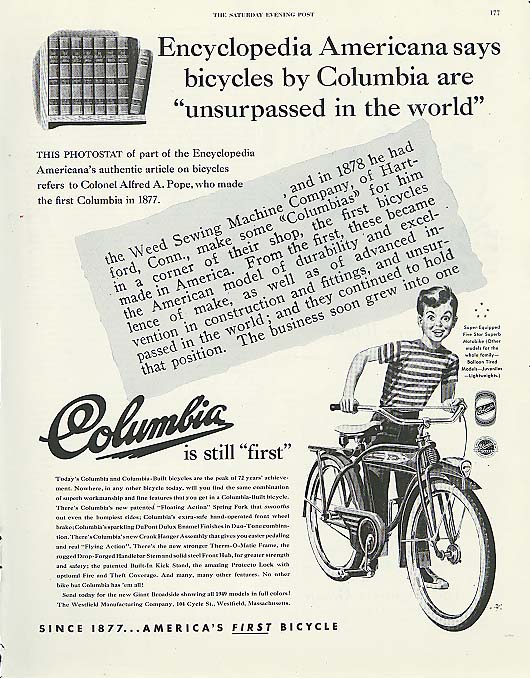 Image for Encyclopedia Americana says Columbia bicycle ad 1949