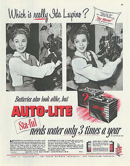 Image for Which is really Ida Lupino? Auto-Lite Battery ad 1949