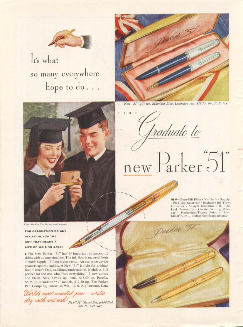 Image for Graduate to new Parker 51 fountain pen ad 1949