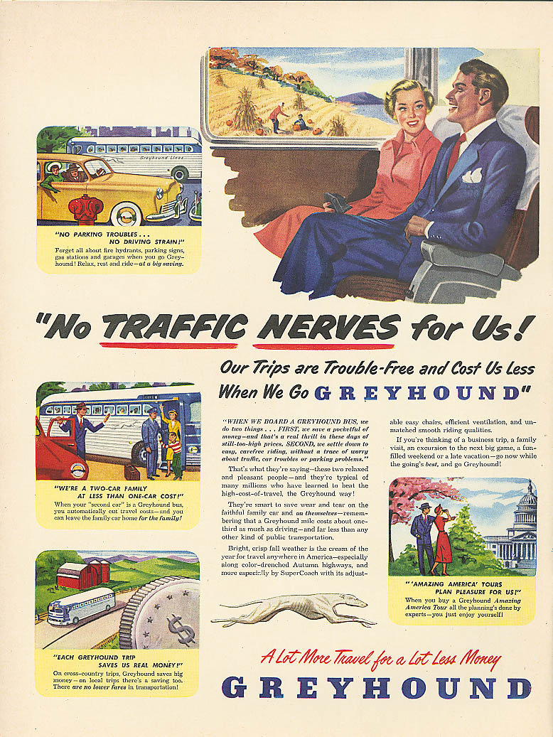 Image for No traffic nerves for us! 1949 Greyhound bus ad