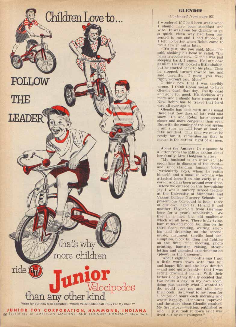 Image for Junior Velocipedes "follow the leader" tricycle ad 1952