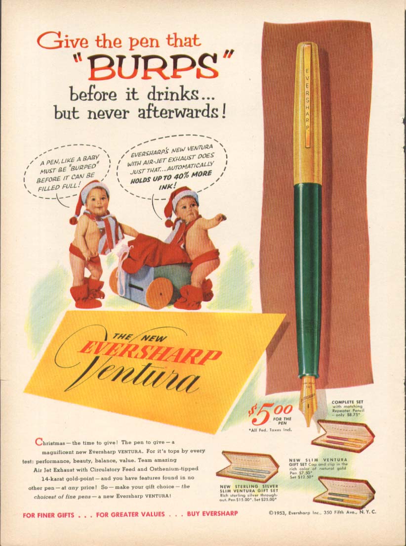 Image for Give the pen that burps Eversharp Ventura ad 1953