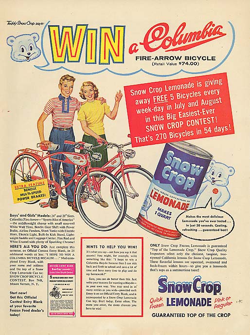 Image for Win a Columbia bicycle Snow Crop Lemonade ad 1957