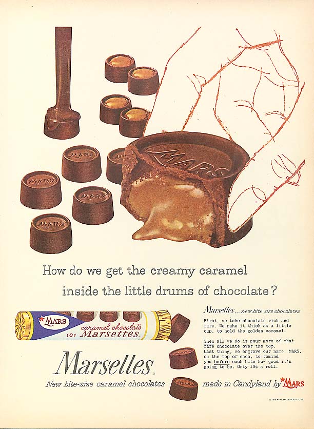 Image for How do we get the creamy caramel inside the chocolate? Marsettes ad 1958