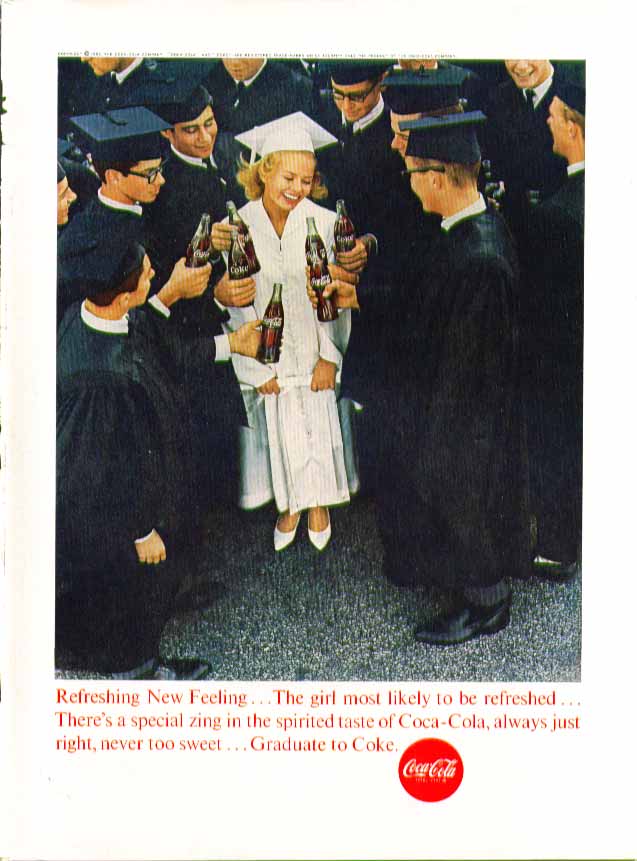 Image for Girl Most Likely to be refreshed Coca-Cola ad 1963 blonde grad circled by guys