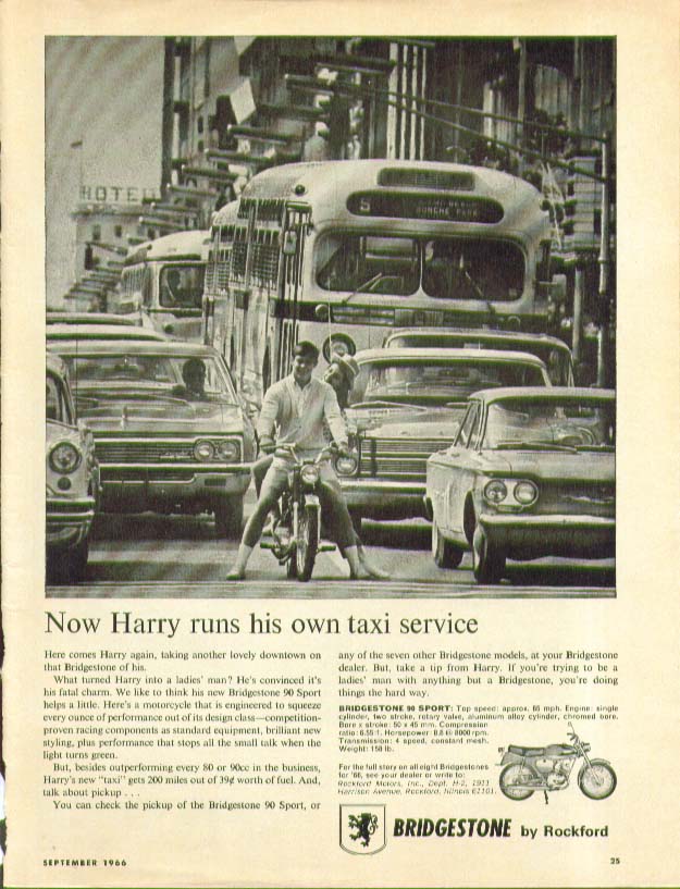 Image for Now Harry runs his own taxi service Bridgestone 90 Sport Motorcycle ad 1966