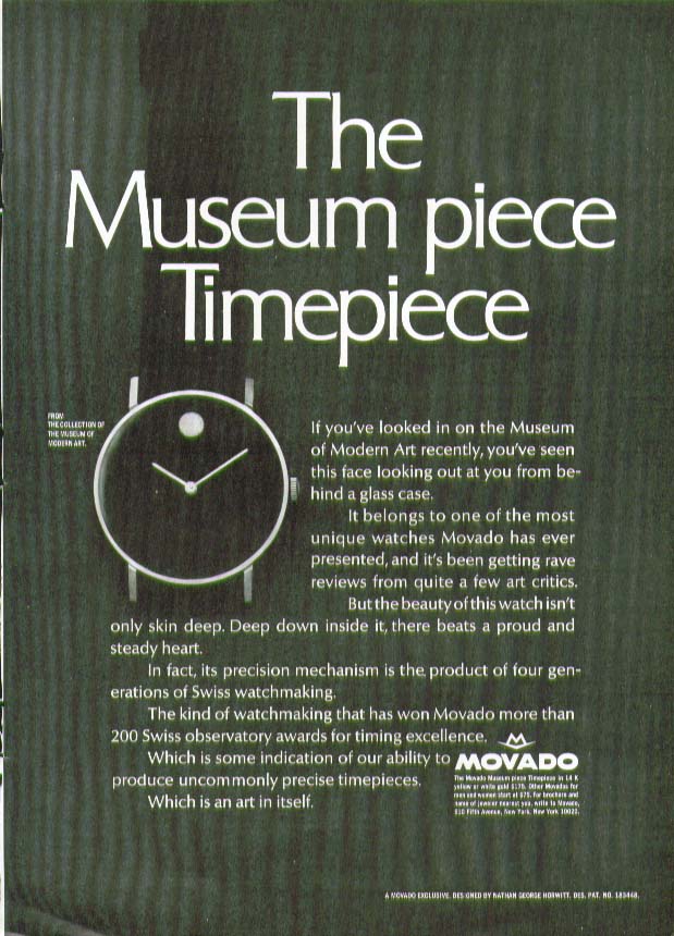 Image for The Museum piece Timepiece Movada Watch ad 1968