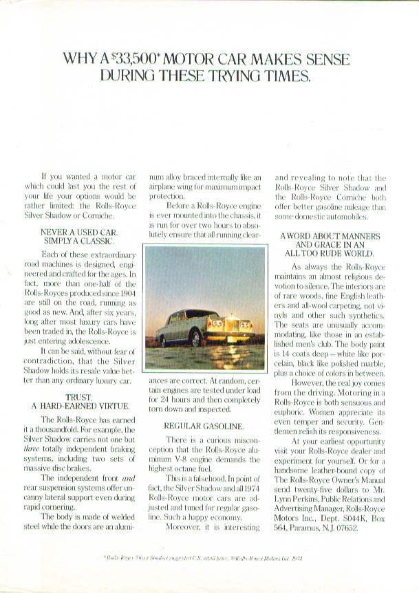 Image for Why a $35,500 motor car makes sense Rolls-Royce ad 1974