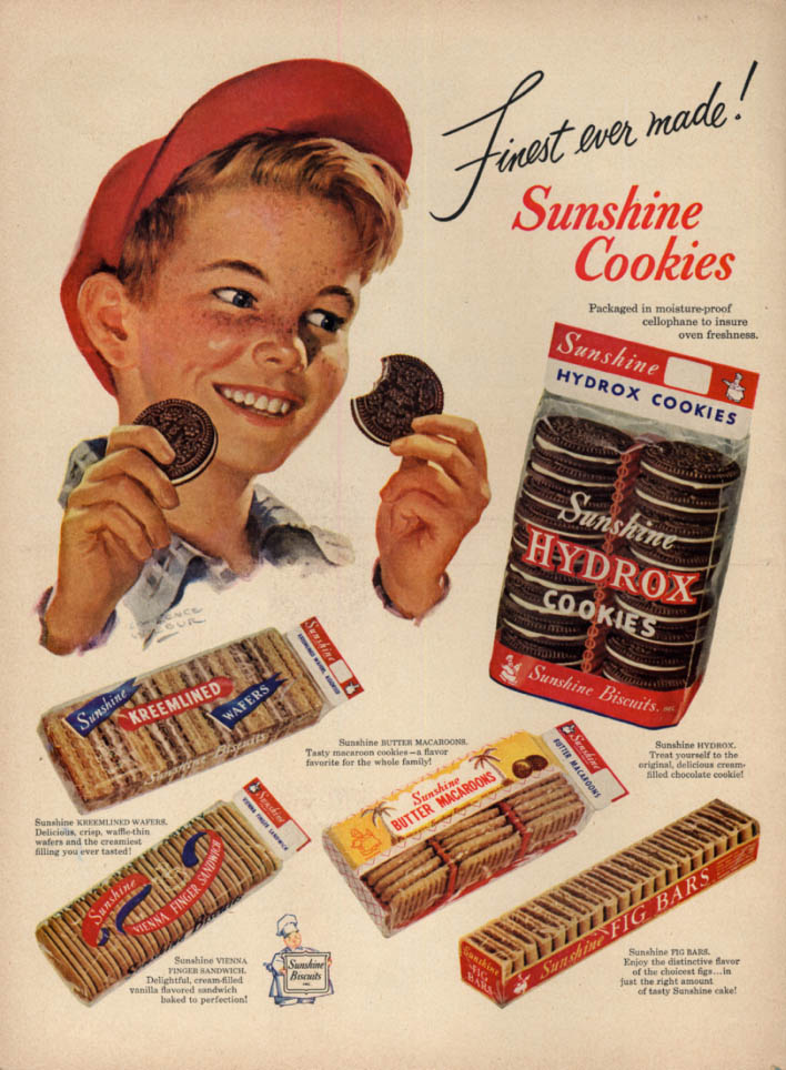 Image for Finest ever made! Sunshine Hydrox Kreemlined Macaroons Fig Bars cookies ad 1951