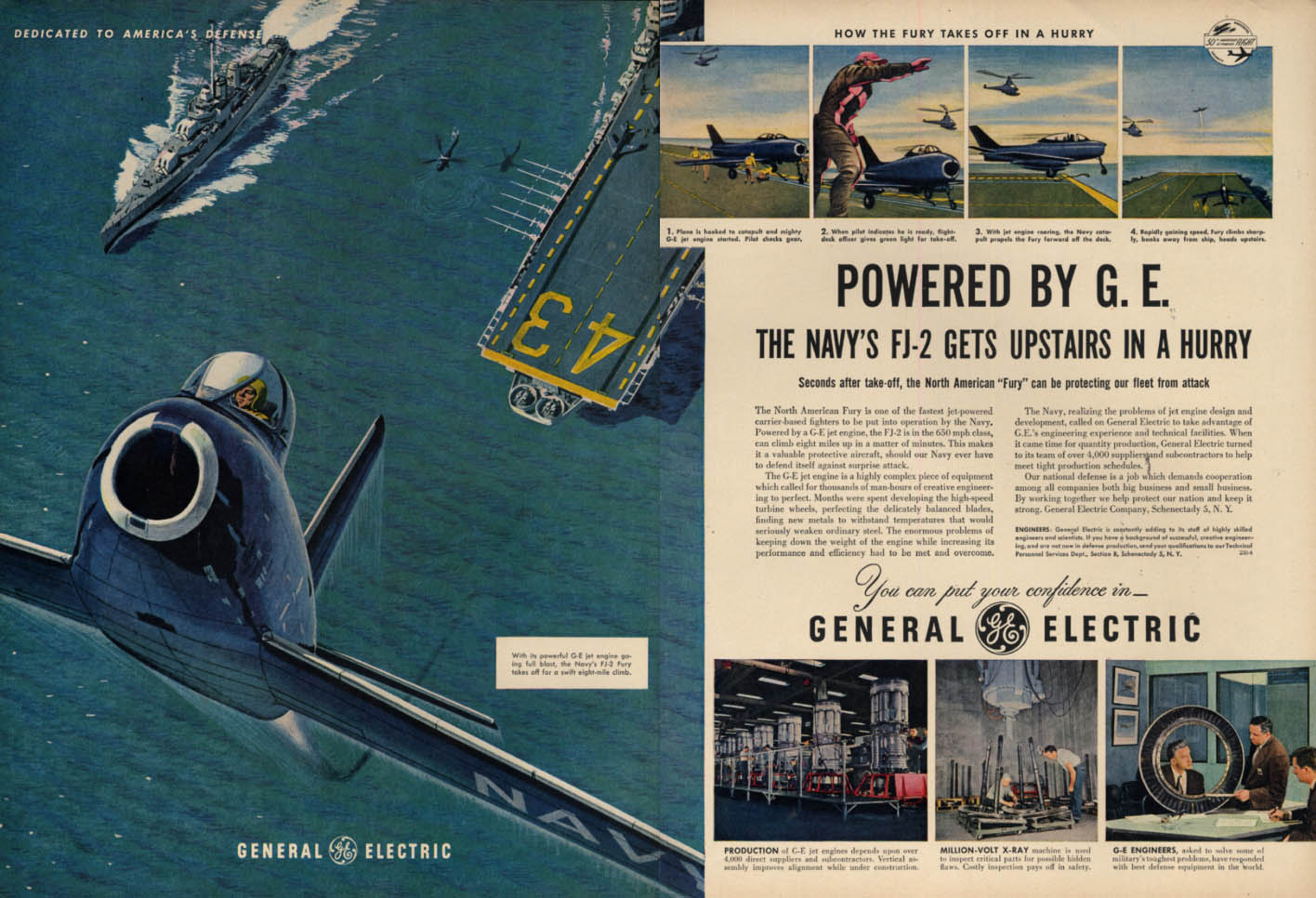 Image for USN North American FJ-2 Fury gets upstairs in a hurry General Electric ad 1953