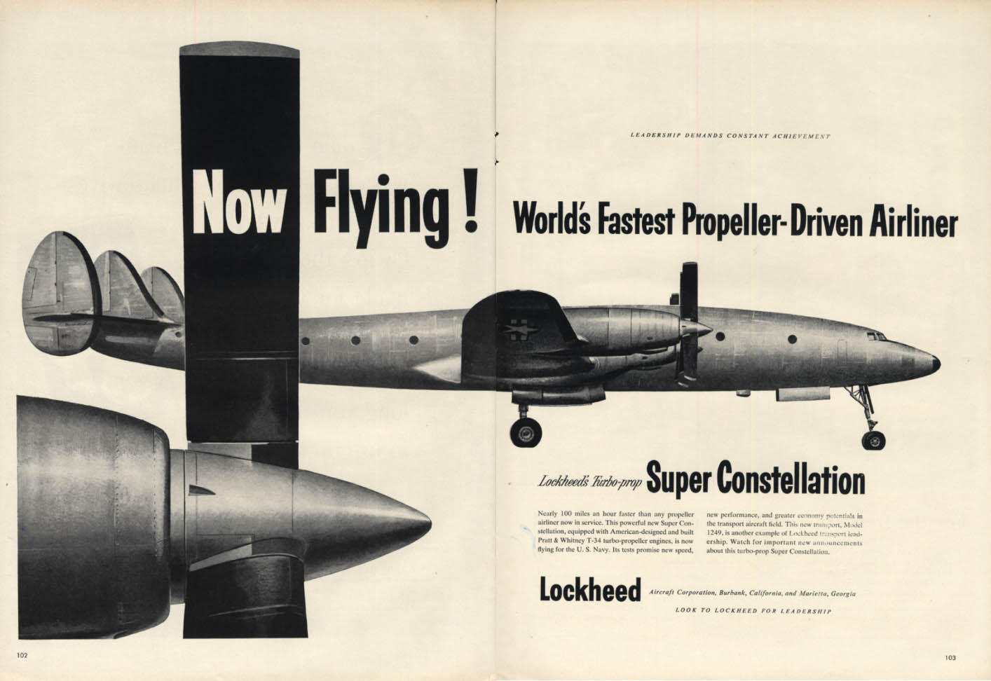 Image for World's fastest propeller-driven airliner Lockheed Super Constellation ad 1954 L