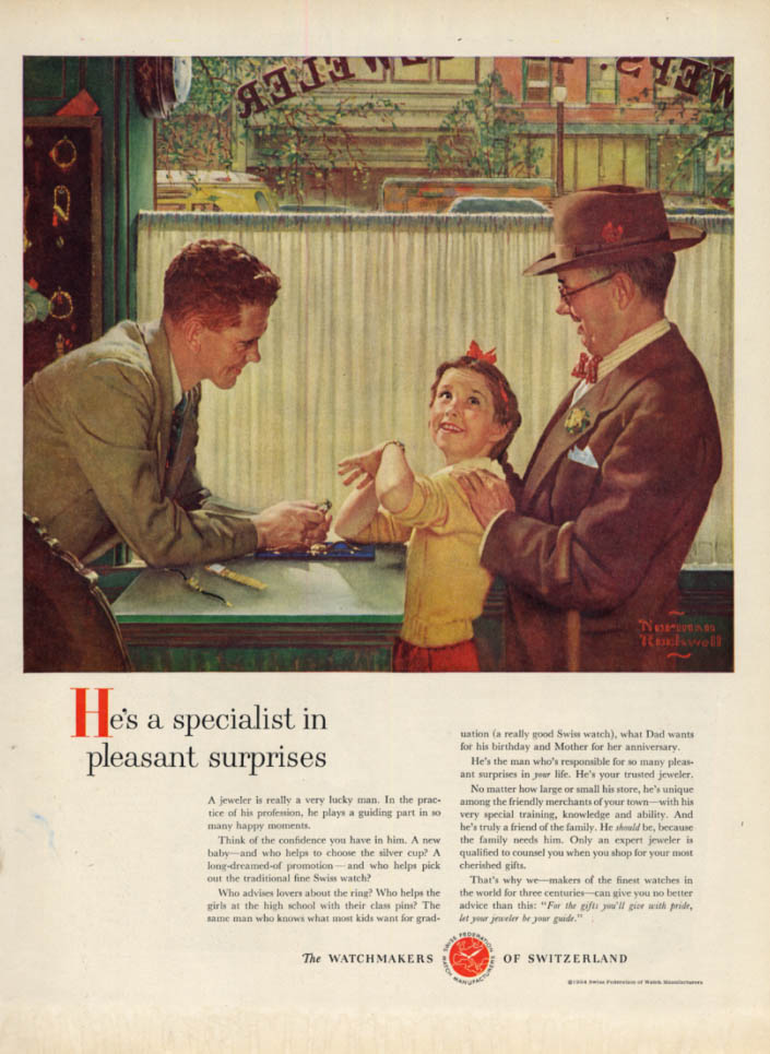 Image for A Specialist in surprises Watchmakers of Switzerland ad 1954 Norman Rockwell L