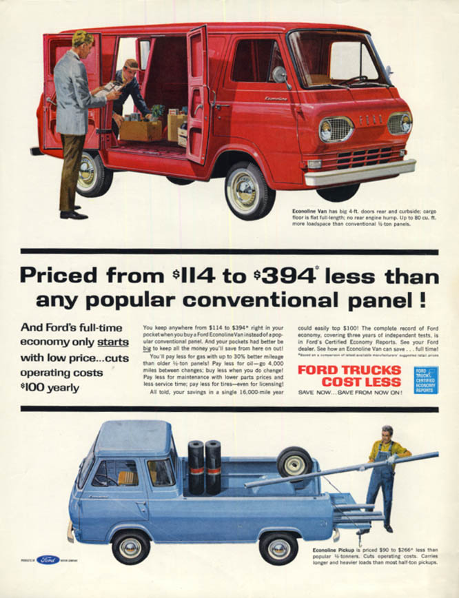 Image for $114 to $394 less than any conventional panel Ford Econoline ad 1962
