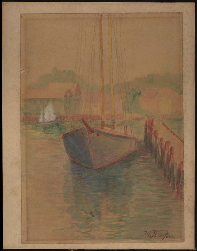Image for F L Thompson watercolor undated sailboat at dock