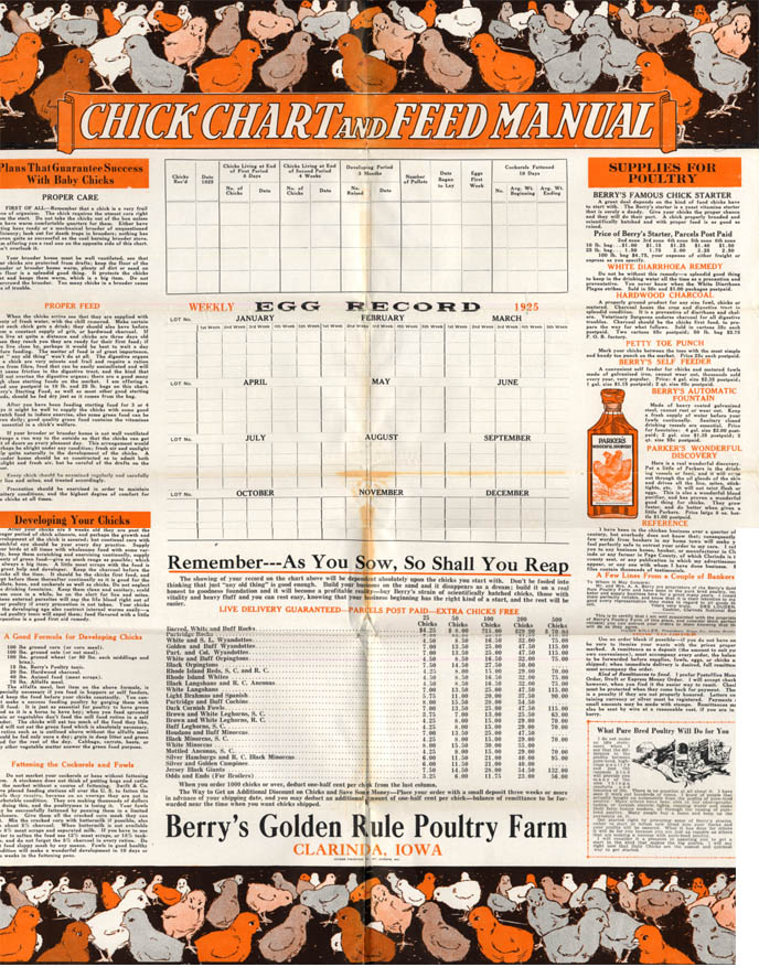 Image for Berry's Golden Rule Poultry Farm Chick Chart & Feed Manual broadside Cladinda IA