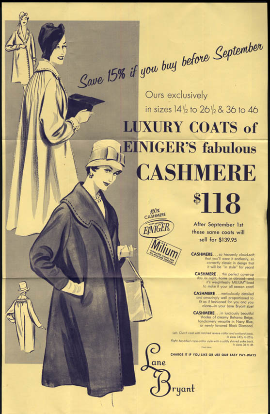 Image for Lane Bryant Store Luxury Coats of Einiger's Cashmere sales broadside 1950s