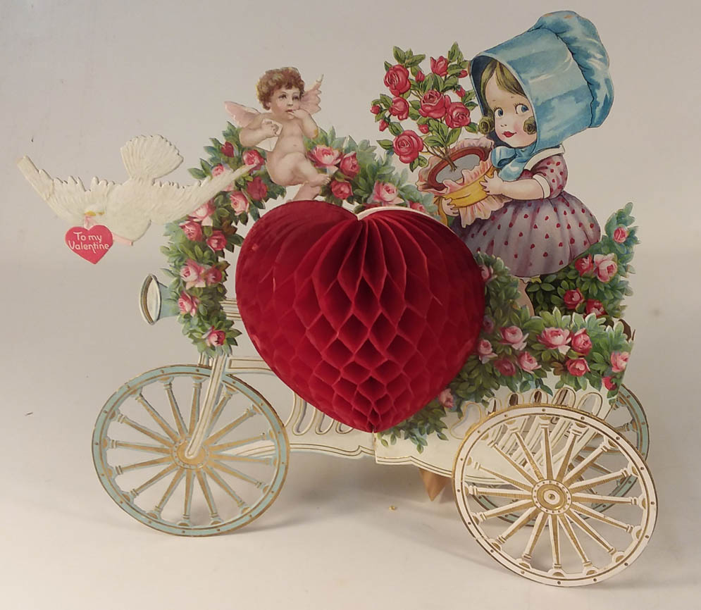 Image for To My Valentine easel-back honeycomb tricycle cart little girl & cherub 1890s