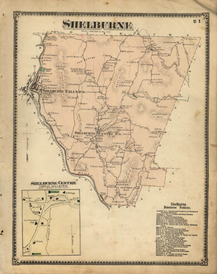 F W Beers handcolored 1871 Map Shelburne Shelburne Falls & Centre MA