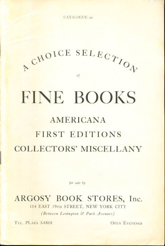 Image for Argosy Book Shop 1st editions catalog #92