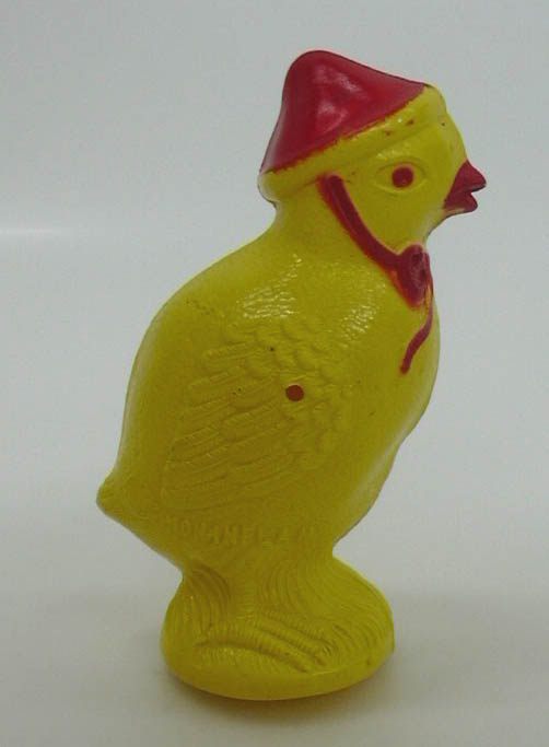 Image for Yellow chick in red Chinese hat plastic Easter figure 1950s 3 1/4" tall