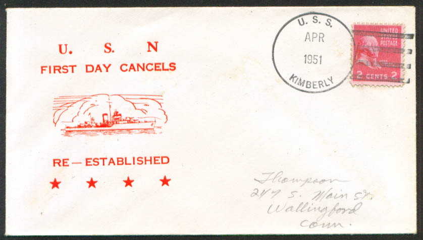 Image for USS Kimberly DD-521 1st Day Re-Commission cover 1951