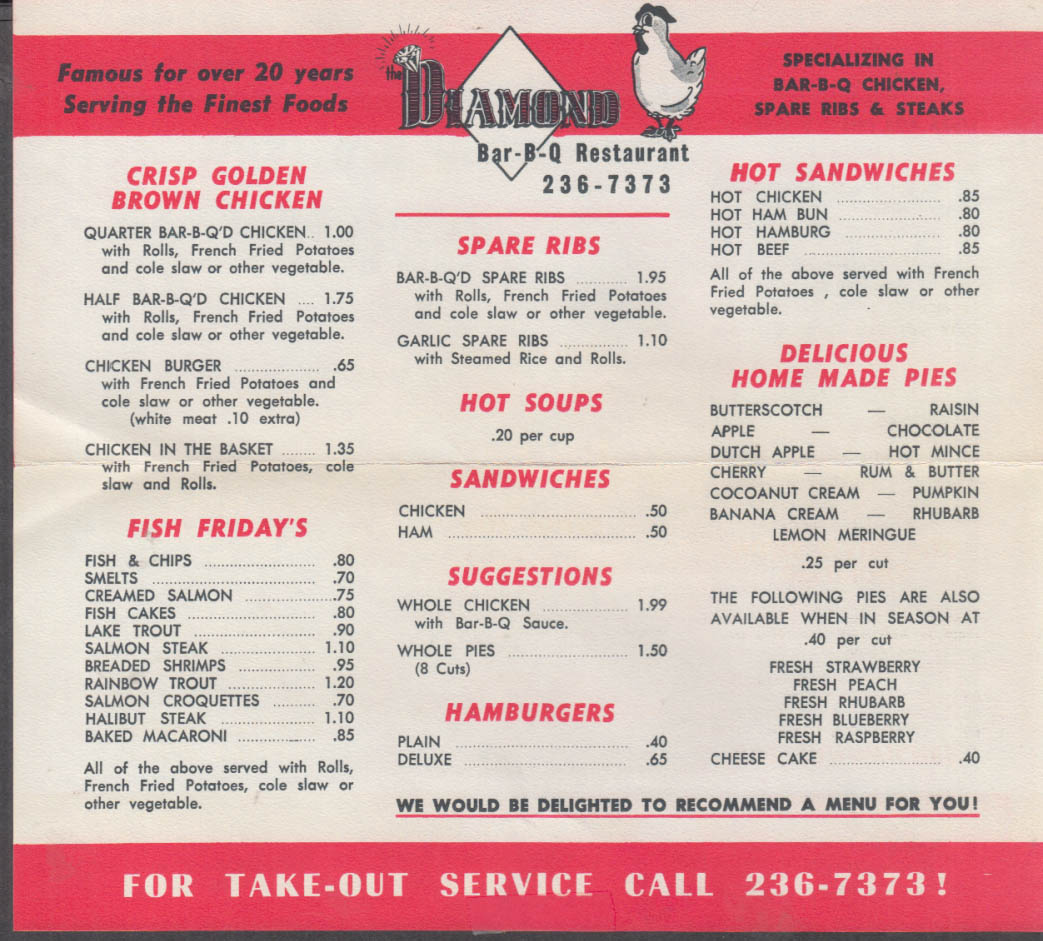 Datsun Restaurant Ottawa Menu Diamond Bar-B-Q Restaurant Take-Out Menu Ottawa Canada ca 1960s
