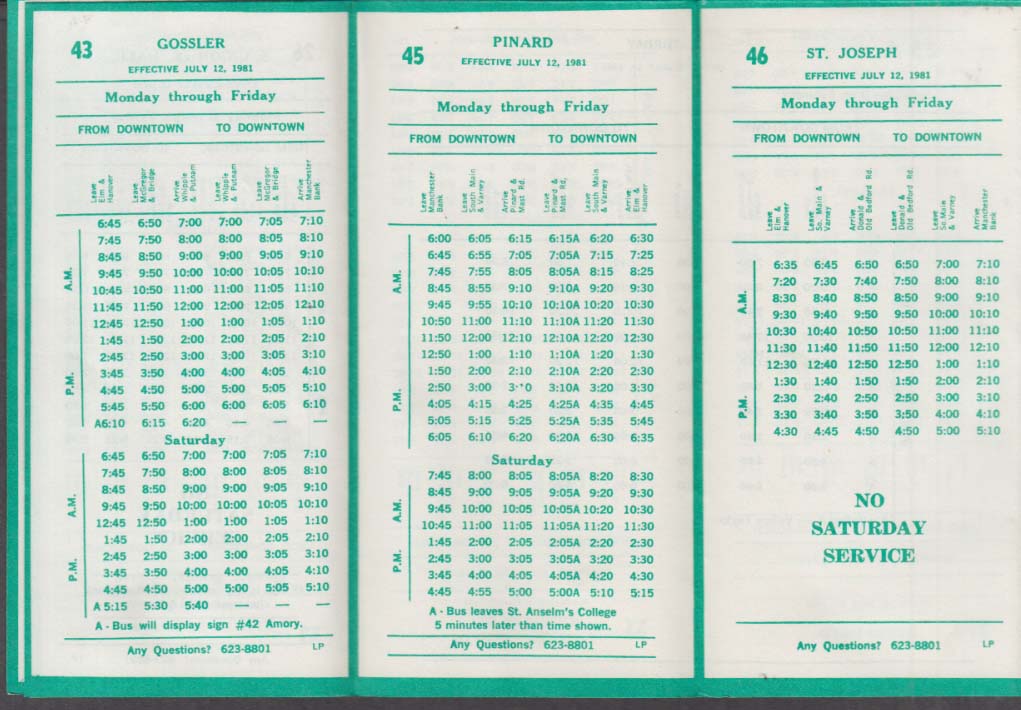 Manchester Transit Authority Bus Schedule 1981 New Hampshire