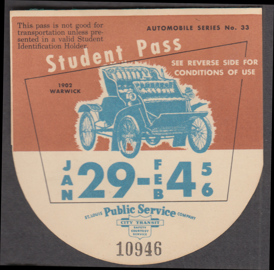 Image for St Louis Public Service Streetcar Student Pass 1956 1902 Warwick Automobile