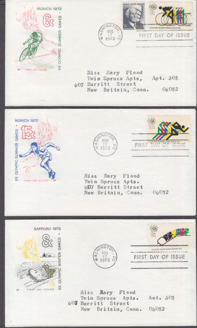 Image for XX Olympic Games set of 3 US FDC 1st Day Cachet Covers 1972 Munich Sapporo