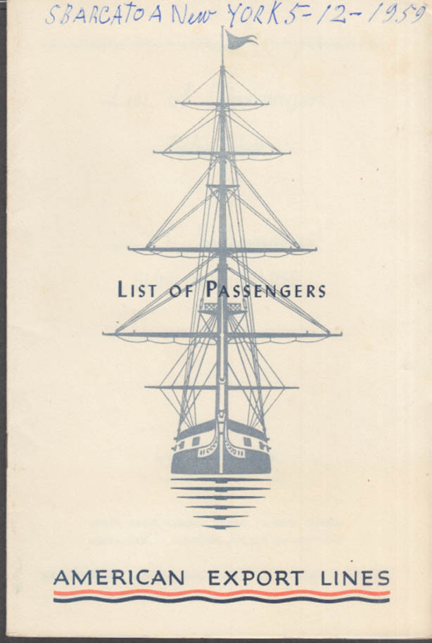 Image for American Export Line S S Independence Sunlane Cruise Passenger List 11 1959