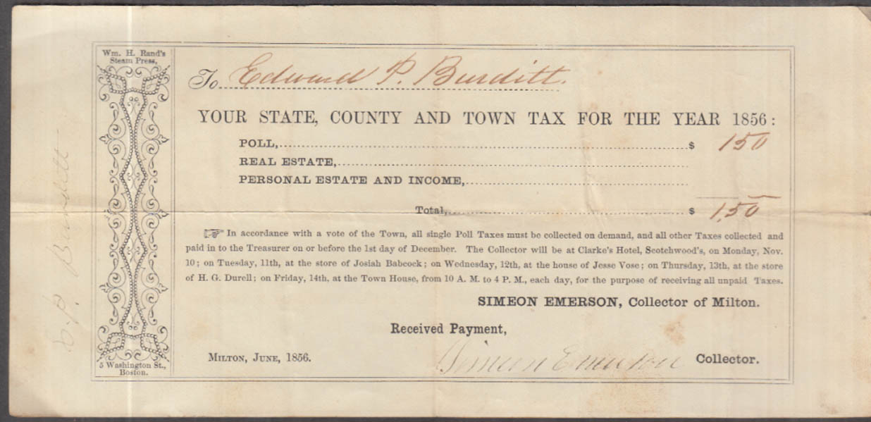 Milton Massachusetts Poll Tax Receipt 1856 Simeon Emerson, Collector