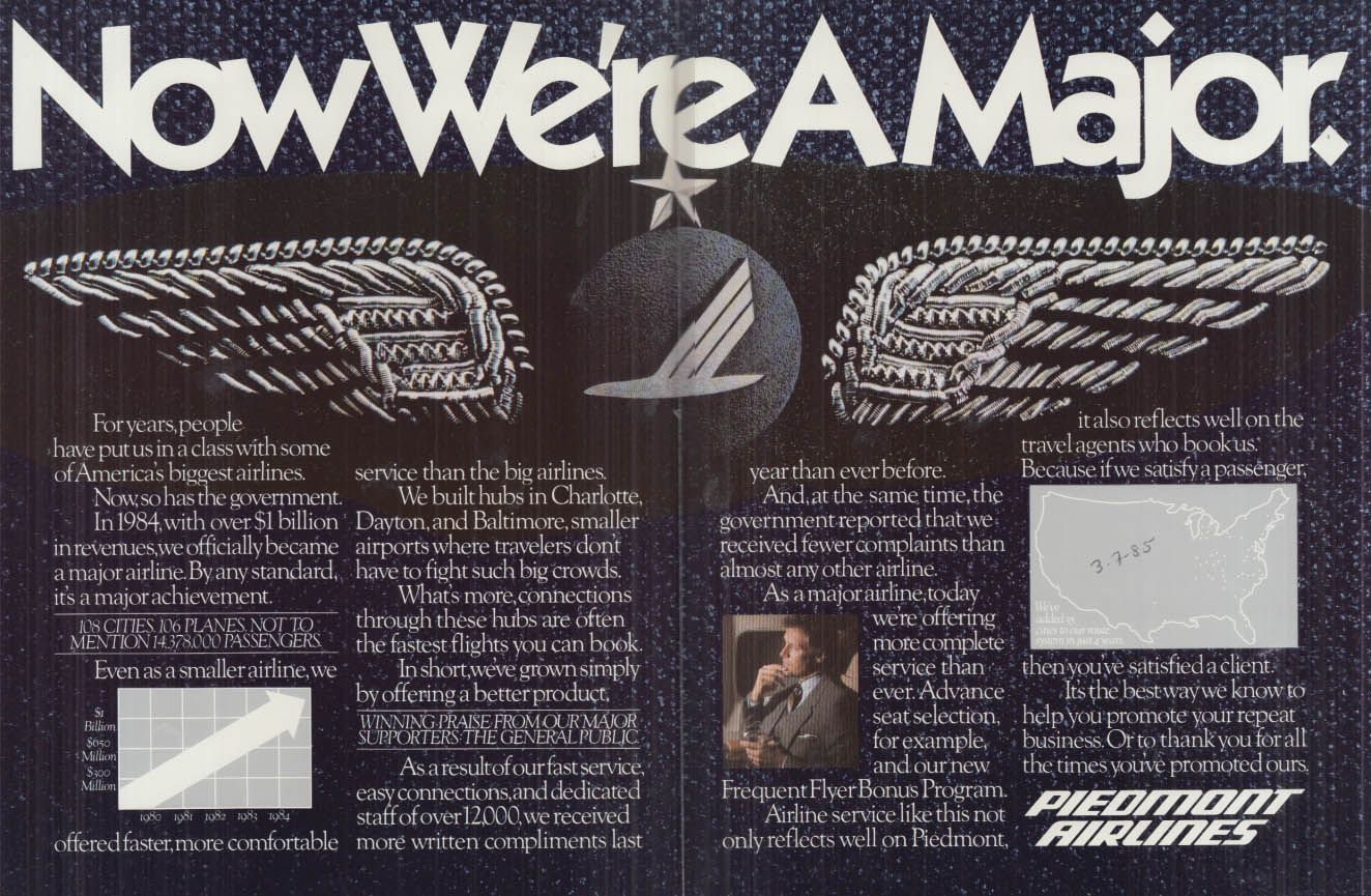 Piedmont Airlines Has Been Promoted We're a Major travel agent ad 1985