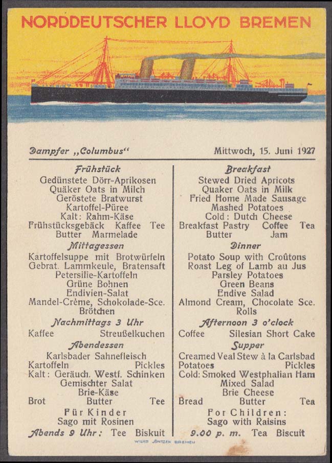 Image for Norddeutscher Lloyd Bremen S S Columbus Breakfast Menu postcard 6/15 1927
